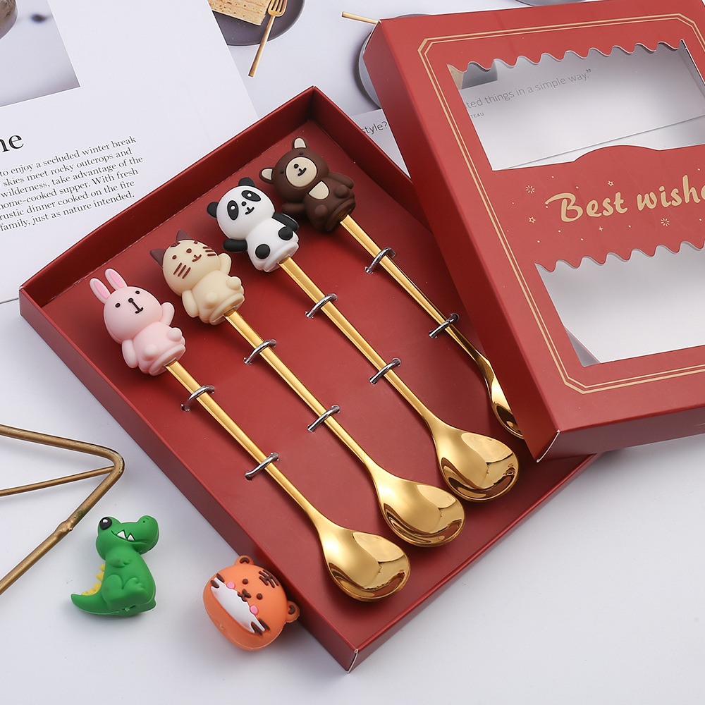 Stainless Steel Christmas Cute Children Coffee Teaspoon Cake Spoon Mini Fork Cutlery Mirror Flatware Set